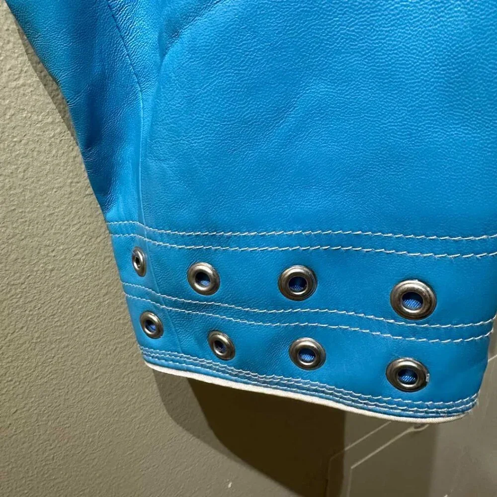 Perfect Grommeted Blue Leather Guillaume Jacket - Size 2X - Picture 7 of 14